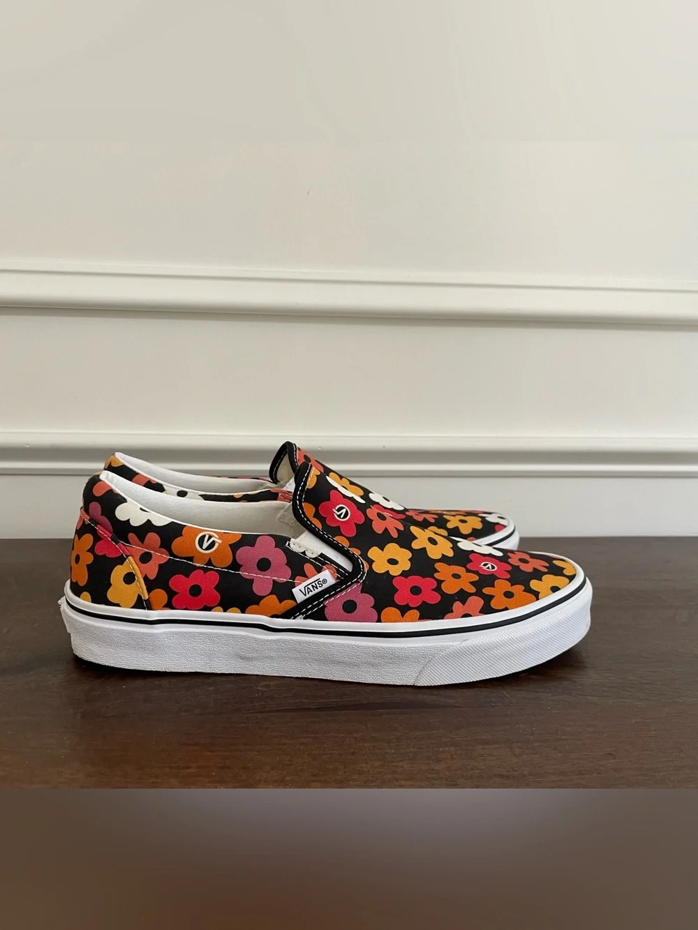 Vans Men’s Slip-On Floral Sneakers - Black with Pink & Orange Flowers - Picture 1 of 6